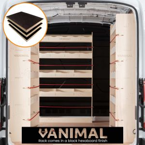 Rear van view of the Transit Mk8 MWB Hexaboard Double Rear and Bulkhead Racking (Triple Pack)