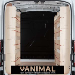 Rear van view of the Transit Mk8 MWB Hexaboard Double Rear Racking, Front Toolbox and Infill Racking (4 Pack)