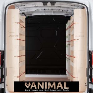 Rear van view of the Ford Transit Mk8 LWB Hexaboard Double Rear and Front Festool Ply Racking (Triple Pack)
