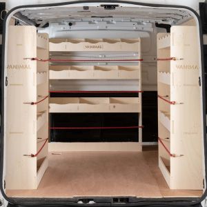Rear van view of the Fiat Talento 2016-2021 LWB Double Rear and Bulkhead Ply Racking (Triple Pack)