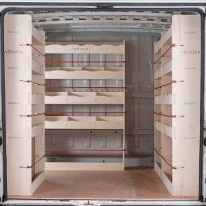 Back van view of Vauxhall Movano L2 2022- Double Rear, Front and Bulkhead Plywood Racking Units (4 Pack)