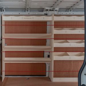 Side van view of Peugeot Boxer SWB L1 H1 2006- OS Front Toolbox and Rear Racking and Shelving Units
