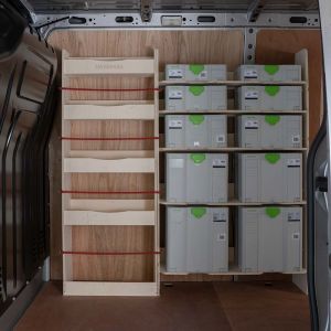 Side van view of Nissan NV400 Front Festool and Infill Racking and Shelving Unit
