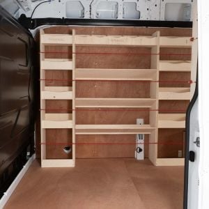 Side van view of Transit Mk8 LWB L3 Double Rear, Front Toolbox and Infill Racking Units (4 Pack)