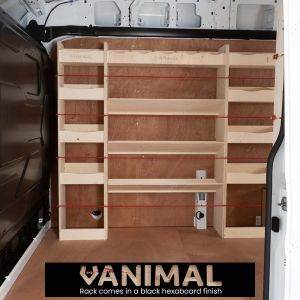 Side van view of Transit Mk8 LWB Hexaboard Double Rear Racking, Front Toolbox and Infill Racking (4 Pack)