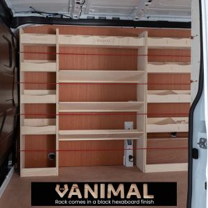 Side van view of the Ford Transit Mk8 MWB Hexaboard Double Rear Racking, Front Toolbox and Infill Racking (4 Pack)
