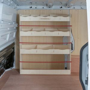 Side van view of Renault Trafic SWB L1 / LWB L2 2014- front racking and shelving unit