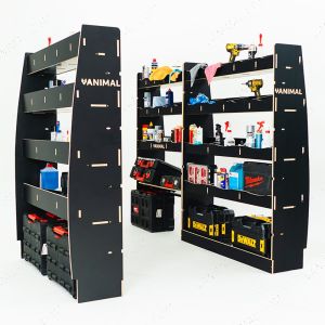 Rear van view of the Mercedes Sprinter 2006- MWB Hexaboard Triple Van Racking with Toolbox Shelf