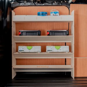 Side van view of the VW Transporter T5 T5.1 SWB Front 3+1 Toolbox Ply Shelving Racking