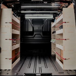 Rear van view of the VW Transporter T5 T5.1 SWB NS Rear and Driver Side with 3+1 Toolbox Shelving
