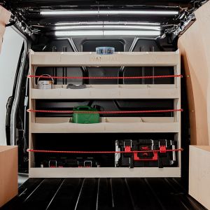 Rear van view of the VW Transporter T7 Hexaboard Full-Width Bulkhead Van Racking