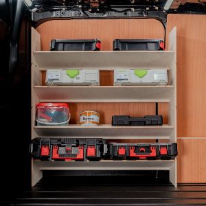 Side van view of the VW Transporter T7 Front Toolbox Van Racking with x4 Shelves