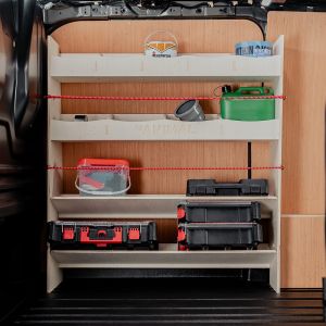 Side van view of the VW Transporter T7 Front Toolbox Van Racking with x2 Shelves