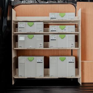 Side van view of the VW Transporter T7 Hexaboard Front Festool Systainer Shelving Rack
