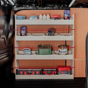 Side van view of the Fiat Talento 2016-2021 Front Racking and Shelving Unit displaying equipment, tools and boxes