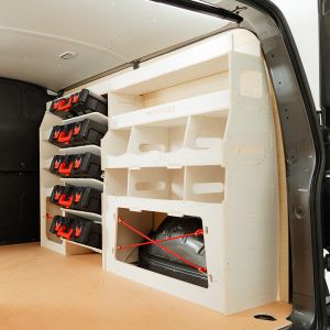 Rear van side angle view of the Renault Trafic 2014- Driver Side Ulti-Rack Van Racking V4 displaying milwaukee tools