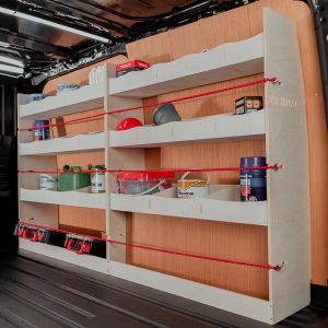 Rear van side angle view of the Ford Transit 2001-2013 SWB Driver Side Ply Racking