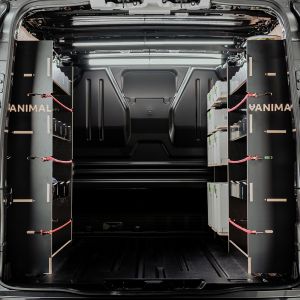 Rear van view of the Ford Transit 2001-2013 SWB Hexaboard Rear Pair & Festool Shelves Van Racking