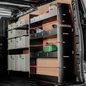 Rear van side angle view of the Ford Transit 2001-2013 SWB Hexaboard Driver Side Racking with Festool Shelves