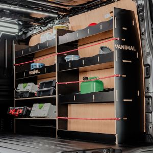 Rear van side angle view of the Ford Transit 2001-2013 SWB Hexaboard Driver Side Racking with x2 Toolbox Shelves