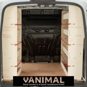 Rear van view of Ford Transit Connect 2014- LWB Hexaboard NS Rear and Full-Length Driver Side Racking (Pair)