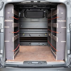 Rear van view of the Vauxhall Vivaro C 2019- LWB Hexaboard Triple Racking and Shelving Pack (Multi-Compartment)