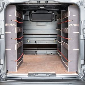 Rear van view of the Peugeot Expert 2016- LWB Hexaboard Triple Racking Pack inc x4 Toolbox Shelves