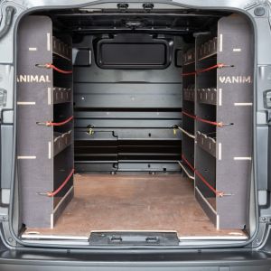 Rear van view of the Vauxhall Vivaro C L2 Hexaboard Triple Racking System with x2 Toolbox Shelves