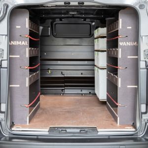 Rear van view of the Peugeot Expert 2016- LWB Hexaboard Triple Racking Pack inc x4 Festool Shelves
