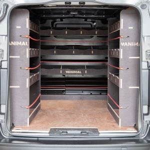 Rear van view of the Vauxhall Vivaro B L1 Hexaboard Double Rear and Full-Width Bulkhead Racking and Shelving Units