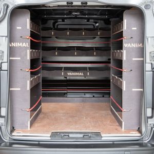 Rear van view of the Renault Trafic 2014- SWB Hexaboard Double Rear and Full-Width Bulkhead Ply Racking (Triple Pack)