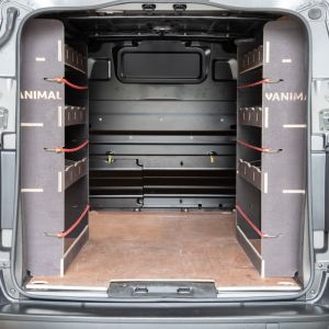 Rear van view of the Renault Trafic 2014- LWB Hexaboard NS and OS Double Rear Racking (Pair)