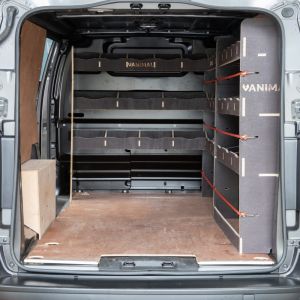 Rear van view of the Vauxhall Vivaro C SWB L1 2019- OS Rear Racking and Bulkhead/Front RH L-Rack Units