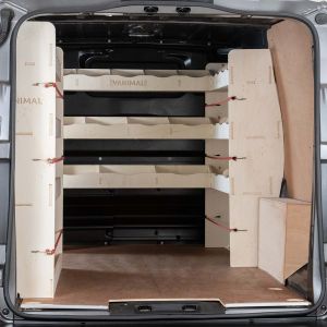 Rear van view of Vauxhall Vivaro C SWB L1 2019- NS Rear Racking and Bulkhead/Front RH L-Rack
