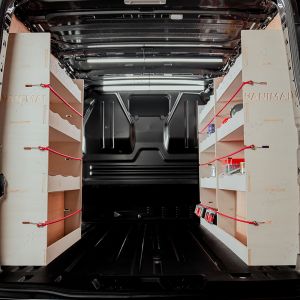 Rear van view of the Vauxhall Vivaro B 2014-2019 SWB Double Rear and Front Racking (Triple Pack)
