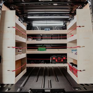 Rear van view of the Vauxhall Vivaro B 2014-2019 SWB Double Rear and Full-Width Bulkhead Ply Racking (Triple Pack)