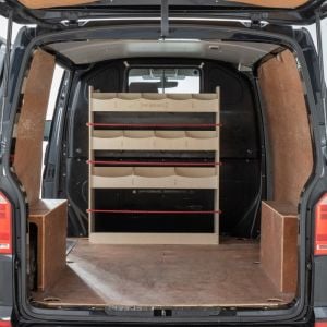VW Transporter T6 T6.1 Bulkhead Ply Racking and Shelving Rear Door View