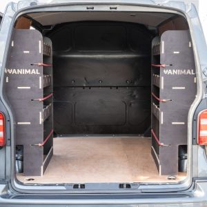 Rear van view of the VW Transporter T6 T6.1 L1 Hexaboard NS and OS Rear Racking System (Pair)