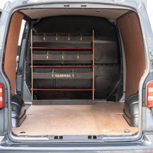 Rear van view of the VW Transporter T6 Hexaboard Bulkhead Racking and Shelving Unit