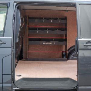 Side van view of the VW Transporter T6 T6.1 Hexaboard Front Racking and Shelving Unit