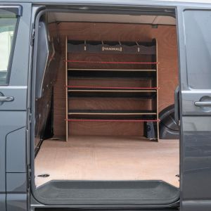 Side van view of the VW Transporter T6 T6.1 Hexaboard Front Toolbox Racking with 3+1 Shelving