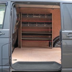 Side van view of the VW Transporter T6 T6.1 Hexaboard Front Toolbox Racking with 2+2 Shelving