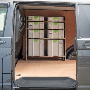 Side van view of the VW Transporter T6 T6.1 Hexaboard Front Festool Systainer Racking Unit