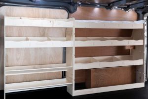 Side van view of the Ford Transit Custom 2012-2023 L2 Full Driver Side Racking and Shelving XXL