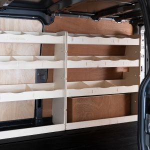 Side van view of the Ford Transit Custom 2012-2023 L2 Full Driver Side XXL Ply Racking and Shelving 