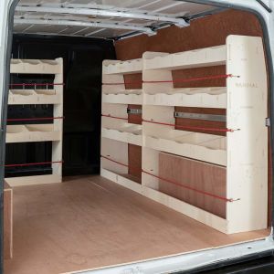 OS side view of the Ford Transit 2001-2013 SWB Driver Side and Bulkhead Ply Racking (Triple Pack)