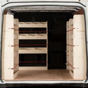 Rear van view of the Ford Transit 2001-2013 SWB Double Rear, Front Toolbox/Compartments and Bulkhead (4-Pack)
