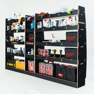 LH side angle rear van view of the Peugeot Boxer 2006- LWB Hexaboard Full Driver Side Racking displayed with tools and toolboxes