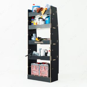 RH side angle view of the Peugeot Boxer 2006- LWB Hexaboard NS or OS Middle Infill Racking displayed with tools and equipment