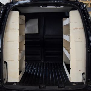 Rear van view of the VW Caddy 2004-2020 SWB NS Rear and XL Driver Side Double Ply Van Racking (Pair)